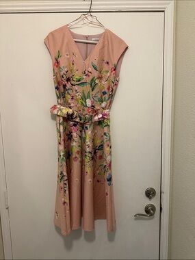 Floral Belted Blush Pink Midi Dress